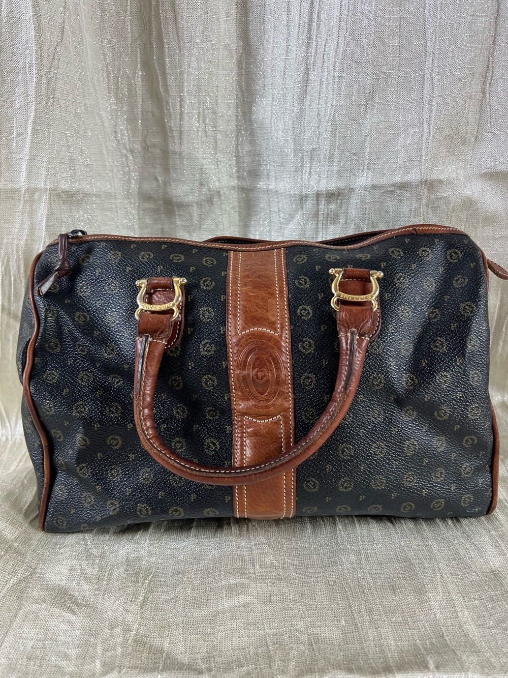 Vintage Pollini Italy Monogram Bowler Satchel Bag Brown Leather Trim Purse